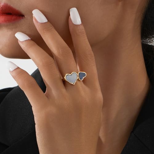 Retro Enamel Double Hearts Open Statement Ring for Women Fashion Simple Asymmetry Love Hearted Wrap Finger Knuckle Adjustable Bands Rings Gold Plated Wedding Eternity Promise Engagement Jewelry - color: Black