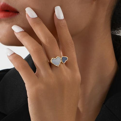 Retro Enamel Double Hearts Open Statement Ring for Women Fashion Simple Asymmetry Love Hearted Wrap Finger Knuckle Adjustable Bands Rings Gold Plated Wedding Eternity Promise Engagement Jewelry - color: Black