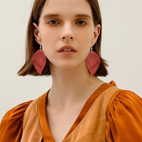 Genuine Leather Handmade Fringe Feather Lightweight Dangle Drop Earrings Teardrop Tassel Hook Earrings for Women - style: 12 Deep Orange