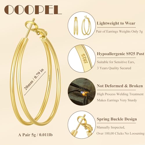 Large Thin Double Hoop Earrings for Women Lightweight Hypoallergenic 925 Sterling Silver Post 14K Gold Hoops Non Tarnish Sturdy Big Thin Double Layered Hoop Earrings 30/40/50/60mm - color: Gold, size: 20mm