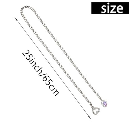 Women's Heart O-Ring Slip Chain Necklace, Double Layered Adjustable 39'' Cuban Chain with Detachable Heart Clasp and Colorful Rhinestone Pendant - color: 25'' Silver-Ocean Blue
