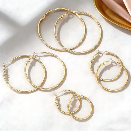 4 Pairs Silver Hoop Earrings for Women 30/40/50/60mm | Hypoallergenic, Stainless Steel, Big Thin Lightweight, Dangle Set - color: 4 Pairs Gold-30/40/50/60mm