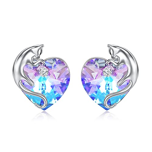 AOBOCO 925 Sterling Silver Cute Cat Studs Earrings for Women | Heart Crystals from Austira Cats Jewelry Gifts for Cat Lovers - color: Violet Purple