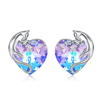 AOBOCO 925 Sterling Silver Cute Cat Studs Earrings for Women | Heart Crystals from Austira Cats Jewelry Gifts for Cat Lovers - color: Violet Purple