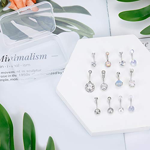 3-12 Pcs 14G Belly Button Rings Belly Rings for Women CZ Opal Navel Rings Belly Piercings Jewelry Belly Barbells Stainless Steel Body Belly Button Piercing Jewelry - color: Silver 12pcs