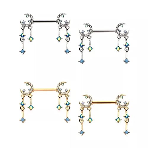Pierced Owl 14GA 316L Stainless Steel Gemmed Crescent Moon and Star with Dangling Charms Nipple Barbells, Sold as a Pair - style: Gold Tone
