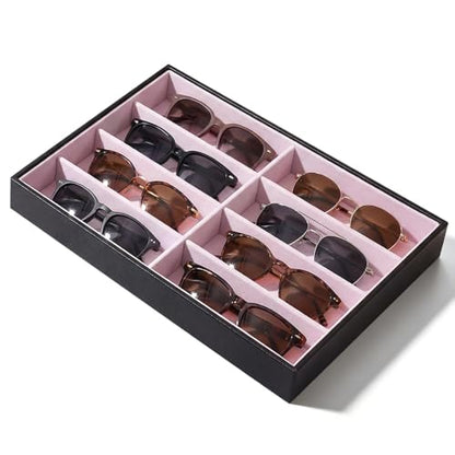 Stratalife 8 Grids Drawer Sunglasses Organizer Tray, Pink PU Velvet | Stackable Eyeglasses Storage Case with Removable Dividers, Jewelry Display Case for Necklace Bracelet, 13.78x9.5x1.2inch - color: Pink