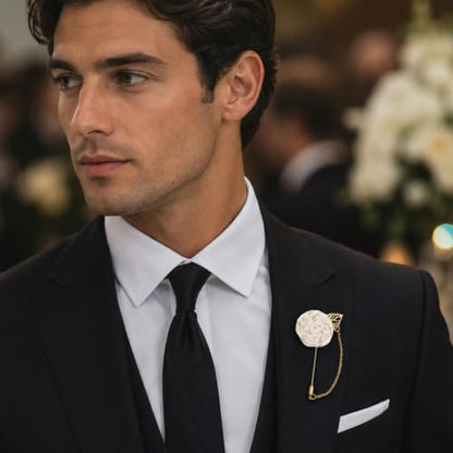 1 Pcs Gold Lapel Pin for Men, White Flower Brooch Pin for Men, Zinc Alloy Wedding Lapel Pin with Metal Chain for Suits Tuxedo Groom Accessories (Ivory White)