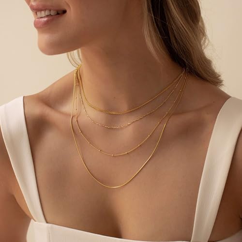 14K Gold Plated Chain Necklace for Women Trendy - 925 Sterling Silver Clasp | Waterproof Dainty Choker Necklace, 14/16/18/20 inch Thin Simple Box Figaro Chain Herringbone Necklace Jewelry for Women Men - color: Satellite