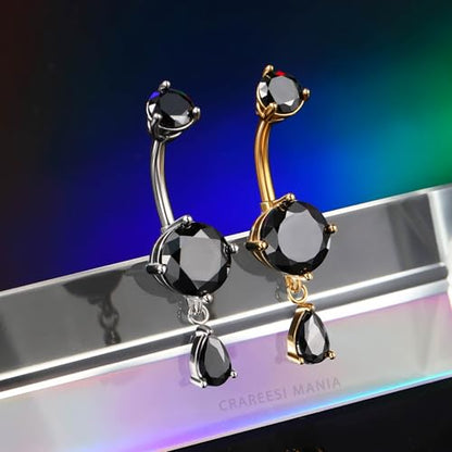Belly Button Ring Dangle Belly Rings 316L Surgical Steel Belly Button Piercing Jewelry Teardrop Navel Ring for Women - color: Gold-Black CZ-10mm