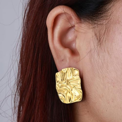 Geometric Rectangle Gold Plated Stud Earrings Irregular Hammered Chunky Statement Square Earrings for Women Trendy - color: Gold Rectangle 2Pairs