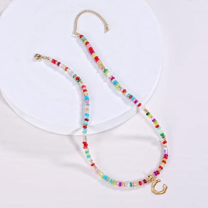 YOUFENG Initial Letter Necklaces for Women Colorful Beaded Gemstone Choker 14K Gold Plated Bamboo Letter Pendant Necklace Natural Stone Handmade Jewelry Gift - color: C