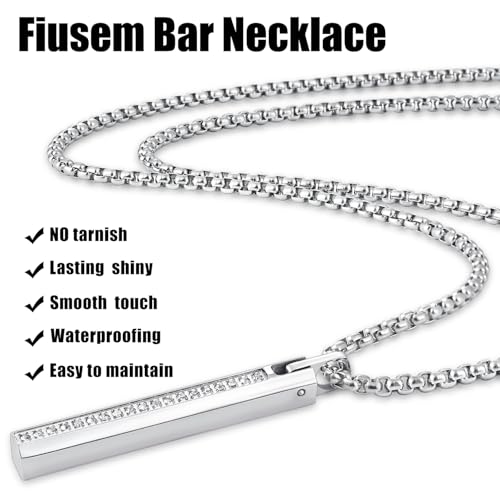 Fiusem Pendant Necklace for Men, Stainless Steel Bar Chain | Silver Tone/14k Gold Plated/Black Mens Pendant Necklaces with 2.5mm Box Chain, Jewelry Gifts 18-28 Inch - color: silver, size: 20 Inches, style: Clasp Diamond Rectangle