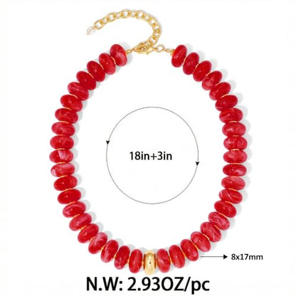 Chunky Beaded Necklace for Women Boho Statement Bead Necklace Adjustable Choker with Polished Disc/Square Beads Trendy Summer Beach Jewelry Gifts - color: Red