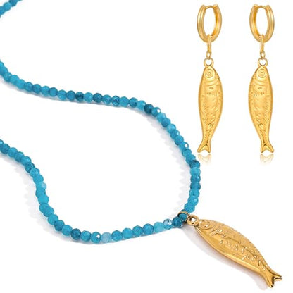 Boho Fish Necklace for Women - Blue Natural Stone Fish Pendant Necklace, Bohemian Beach Jewelry Colourful Jewelry for Summer Vacation - color: Blue