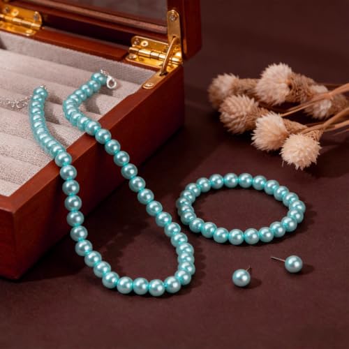 FORUBUS Imitation Pearl Jewelry Set for Women, 8mm Pearl Bead Necklace Earrings and Bracelet 3-Piece Set, 18" Round Faux Pearl Strand for Wedding, Bridal, Prom - color: Blue