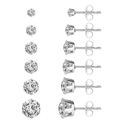 Stud Earrings Set, Round Clear Cubic Zirconia Ear Studs for Women and Men Sensitive Ears Stainless Steel CZ Earrings Hypoallergenic Cubic Zirconia Earrings Set Small Piercing Earring, 6 Pairs - color: 6-claw
