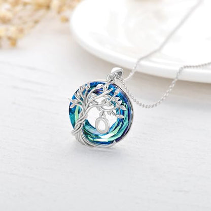 TOUPOP Gifts for Women Tree of Life Initial Necklace 925 Sterling Silver Letter Pendant with Blue Crystal Birthday Jewelry Gifts for Women Her Mom Wife Daughter - color: Tree of Life O Initial