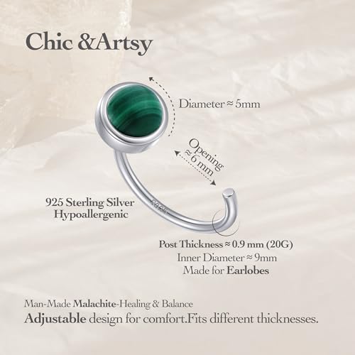 CHIC & ARTSY 925 Sterling Silver Half Hoop Earrings for Women, Dainty Huggie Hoops with Synthetic Opal, Moonstone, CZ & Gemstones, Lightweight Comfort Fit Everyday Elegant Jewelry - color: Synthetic Malachite/Silver