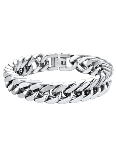 ChainsHouse Stainless Steel Cuban Link Bracelet, 6mm/8mm/12mm/17mm Width, 7.5"/8.3"/9", Black/ 18K Gold Plated Chain Wrist Bracelets for Men Women, Send Gift Box - color: D: Steel-12mm width