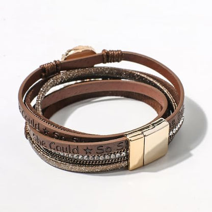 Artilady Leather Wrap Bracelet for Women, Pearl Beaded Bangle Stack Jewelry | Easy on-off, Elegant Handmade Multi-Layered, Daily Casual Date Beach Vacation, Gift for Ladies, Mother, Sister & Friend - style: So She Did, Brown