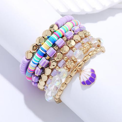 Summer Surfer Heishi Bracelet Set for Women Stackable Gold Plated Clay Ploymer Bead Stretch Pink Beach Layering Bracelets Jewelry - color: A-Purple shell charm 7pcs