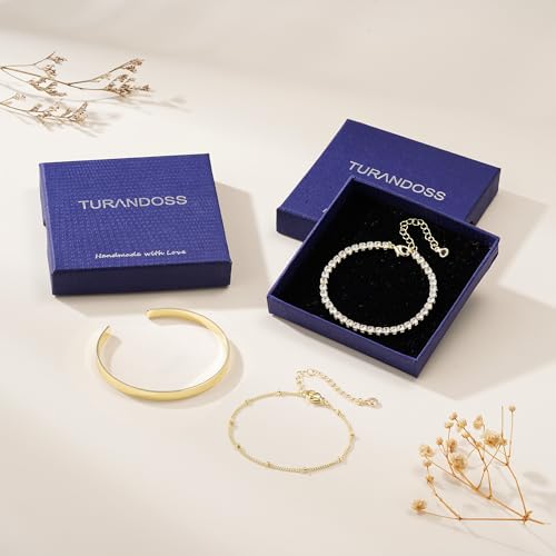 Turandoss Gold Bracelets for Women - Dainty 14K Gold Plated Tennis Bracelet | Stackable Cross Beaded Set, Twisted Rope Chain, Snake Paperclip Chain, Knot Cuff Bracelets for Women, Jewelry Gifts - color: Cuff Tennis Set