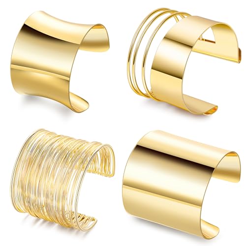 4Pcs Chunky Gold Cuff Bracelects for Women Gold Bangles Irregular Minimalist Statement Bangle Bracelets Set Open Wide Bangle Upper Arm Cuff Jewelry - color: Gold-C