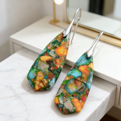 Boho Natural Imperial Jasper Teardrop Dangle Earrings for Women – Hypoallergenic French Hook Stone Drop Earrings Jewelry - color: Colorful Silvery Hook