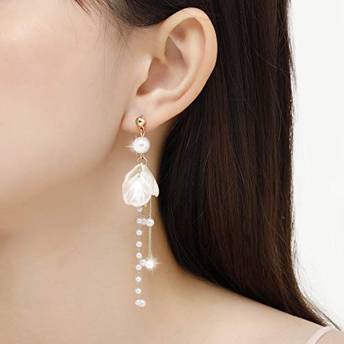 Kruckel Long Dangle Earrings for Women, White Floral Pearl-Inspired | Pearl Drop Earrings, Lightweight Gold-Tone Jewelry for Weddings, Parties, Bridesmaids, Birthdays and Occasion Gifts - color: White
