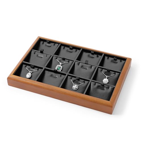 Solid Wood 12 Grid Stackable Jewelry Necklace Pendant Display Tray | Sturdy solid wood & scratch-proof PU leather lining, 12-grid tray with inserts for home drawer & retail necklace display - color: Black, size: Necklace Tray