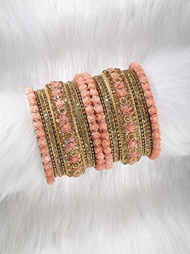 Aheli Ethnic Metal Bangles Chudha Set Stone Studded Bangle Set Indian Wedding Wear Fashion Jewelry Gift for Women Blue - color: Peach