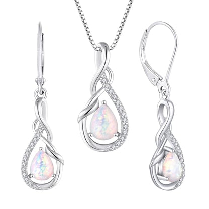 STARCHENIE 925 Sterling Silver Necklace Dangle Earrings for Women Infinity Twisted Teardrop Pendant Created Opal Jewelry Set