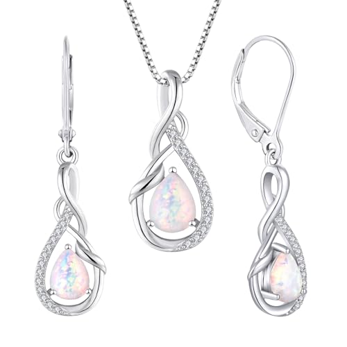 STARCHENIE 925 Sterling Silver Necklace Dangle Earrings for Women Infinity Twisted Teardrop Pendant Created Opal Jewelry Set