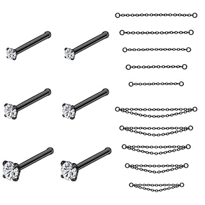 PunkTracker 20G Nose Rings 2mm 2.5mm 3mm CZ Nose Studs | with Chains Surgical Steel Nose Piercing Jewelry Nose Ring Studs - style: Black, Nose Studs