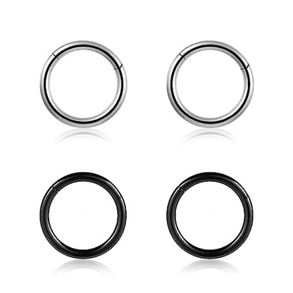 4Pcs 16G 18G 20G Surgical-Steel-Piercing-Ring-Nose-Rings-Hinged-Hoop-Earrings,6mm 8mm 10mm 12mm Seamless Stainless Steel Clicker Eyebrow Septum Piercing Hoop,Sliver Black Gold Rose Gold Rainbow Body Jewelry Set - color: 16G 8mm Silver & Black