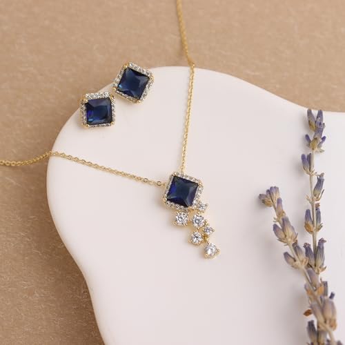 Gold Silver Stud Earrings Pendent Necklace Sets for Women, Dainty Rhinestone Crystal Necklace Earing Jewelry Set Wedding Accessories Fashion Holiday Gift - color: blue Navy rhinestone