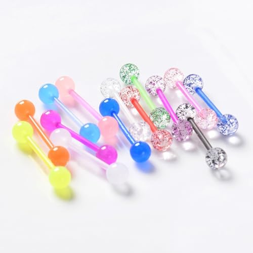 48Pcs 14G Glow in Dark Flexible Acrylic Straight Tongue Barbell Nipple Ring Retainer Piercing Jewelry for Women Men 16mm Bar