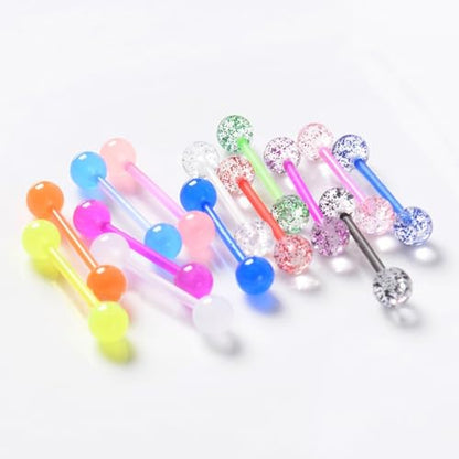 48Pcs 14G Glow in Dark Flexible Acrylic Straight Tongue Barbell Nipple Ring Retainer Piercing Jewelry for Women Men 16mm Bar