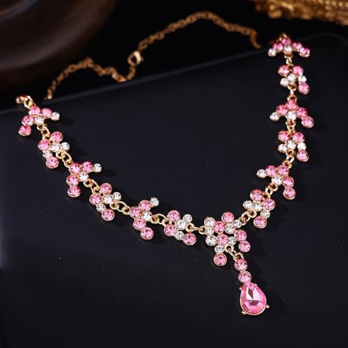 Crystal Crown and Tiara Jewelry Set for Women Bride with Necklace Earrings | Metal Rhinestone Royal Queen Princess Jewelry Set Wedding Quinceanera Pageant Prom Birthday Halloween Party Costume Gift - color: Style E-Pink