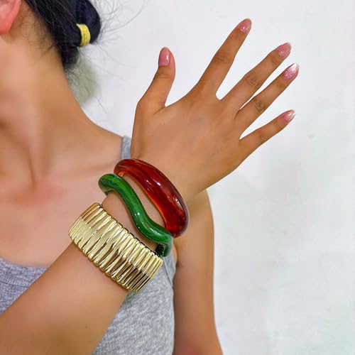 2PCS Chunky Acrylic Bracelet for Women Large Square Resin Cuff Vintage Open Bangle Bracelets Wide Geometric Jewelry - style: B - Gold+Red+Beige
