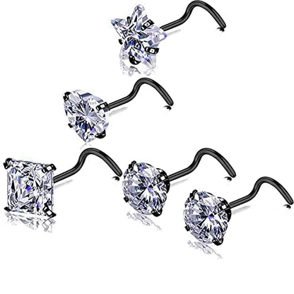 Nose Rings & Studs - 18g, 20g, 22g 14K Gold Bone Nose Studs for Women in Titanium Steel - color: 20g 5pcs Black Screw Shaped 316L Surgical Steel