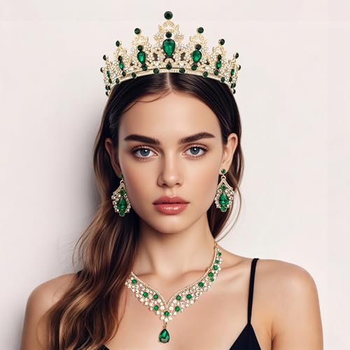 Crowns and Tiaras jewelry sets for Wedding princess birthday party Halloween Prom Pageant Jewelry for Women Crystal Bridal Jewelry Set for women - color: Gold Green