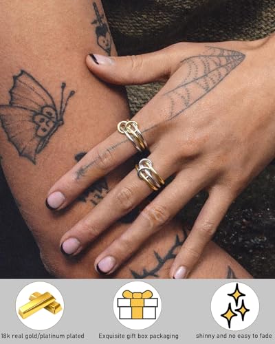 TLY Stackable Gold Rings for Women Interlocking Ring Stack Set non tarnish | 18K Gold Silver Plated Mixed Metal Statement Rings Waterproof Cubic Zirconia Fashion Connected Band Thumb Ring Size 4-11 - color: 02.Solarium set (two gold rings)