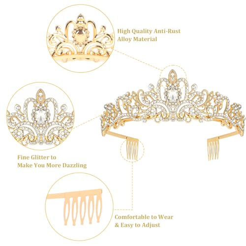 Crystal Tiara Crown Headband Princess Elegant Tiara with Combs for Women Young Ladies Bridal Wedding Prom Birthday Party, Gold - color: Gold
