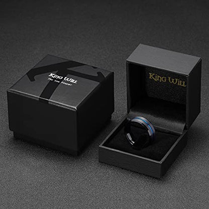 King Will Mens Tungsten Rings for Men Two Tone Grooved Mens Wedding Band Cool - color: Black & Blue 8mm