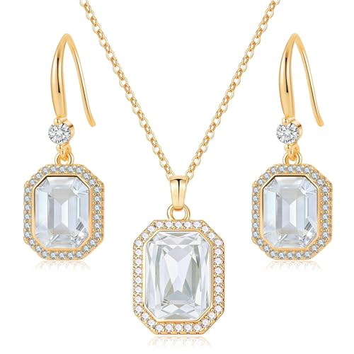 EVEVIC Octagon Austrian Crystal Necklace and Earrings Jewelry Set for Women | 14K Gold-Plated,Octagon-Cut Crystal with CZ Halo Shine,Adjustable Chain Fit,Elegant Sets for Weddings and Galas,Gift Box - color: Clear White