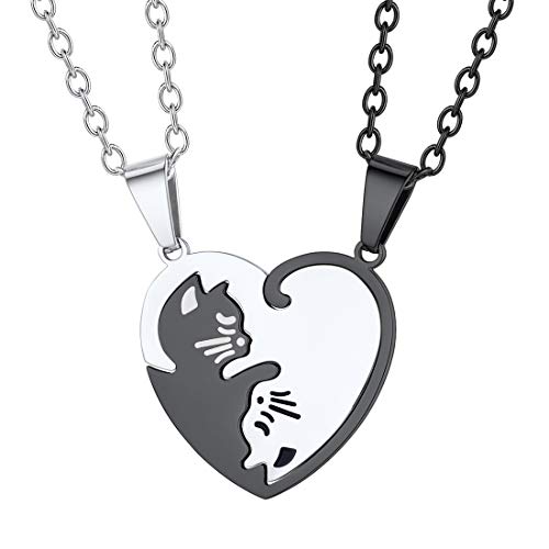 U7 Cat Pendant Necklace for Women Stainless Steel Cute Kitty Cat Jewelry Gift - style: 03-Heart Cat Set-Steel+Black