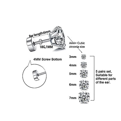 Stud Earrings Set 316L Stainless Steel Hypoallergenic Earrings for Women Men Earrings 3-7mm Cubic Zirconia Earrings Tragus Cartilage Helix Lobel Ear Studs 20G,Pack of 5 Pairs - color: A02:5Pairs(SILVER)
