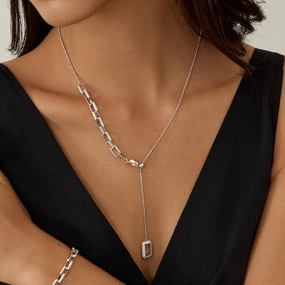 ARSIS Lariat Long Gold Necklace for Women, 18K Gold/Platinum Plated Y-Shaped Drop Dangle Pendant Necklace, Long Adjustable Pull Slider Chain Jewelry Gift for Her - color: Silver-paperclip slider